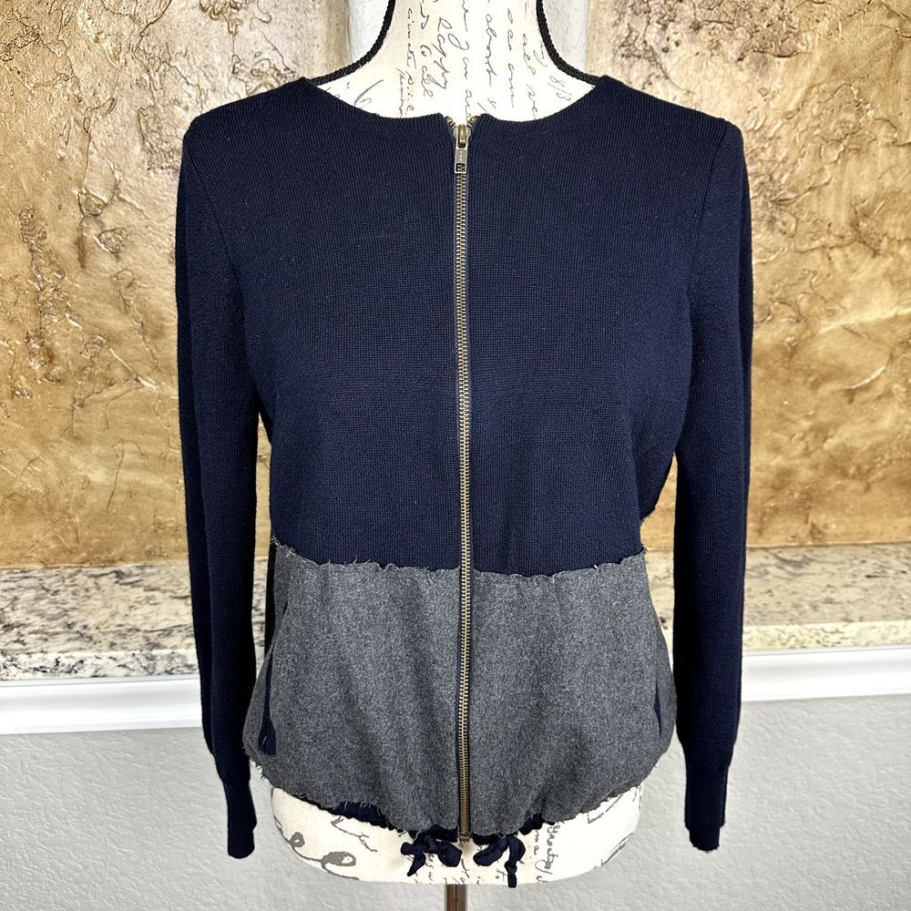 J Crew Cardigan Women's Small Navy Colorblock Merino Wool Knit‎ Sweater Preppy